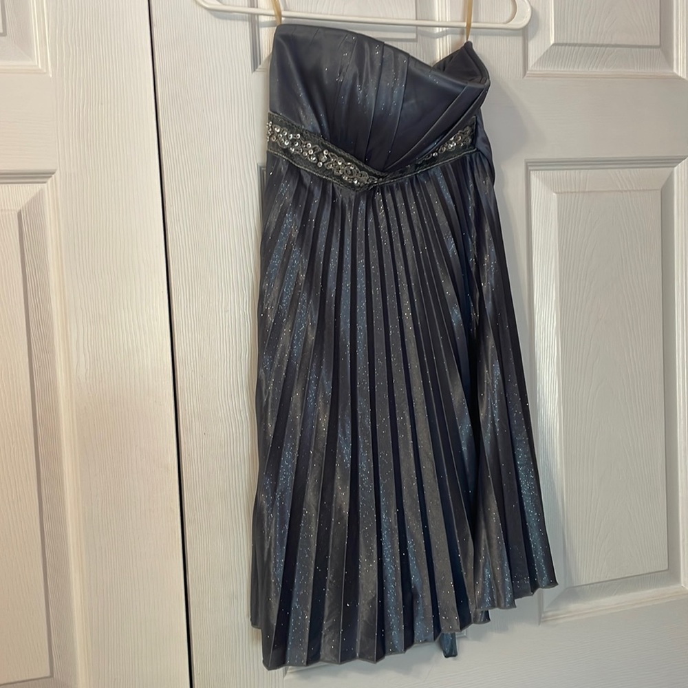 strapless dark blue prom dress